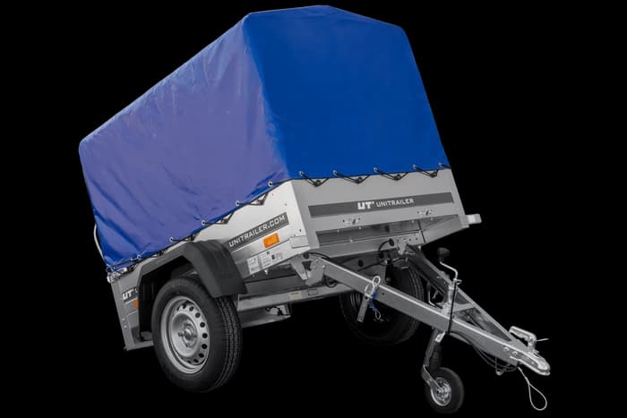 Przyczepka lekka 150×106 Unitrailer Garden 150 KIPP ze stelażem H-800 i plandeką niebieską-Nowy