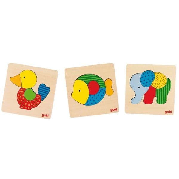 Set 3 Puzzles en bois premier âge Goki animaux