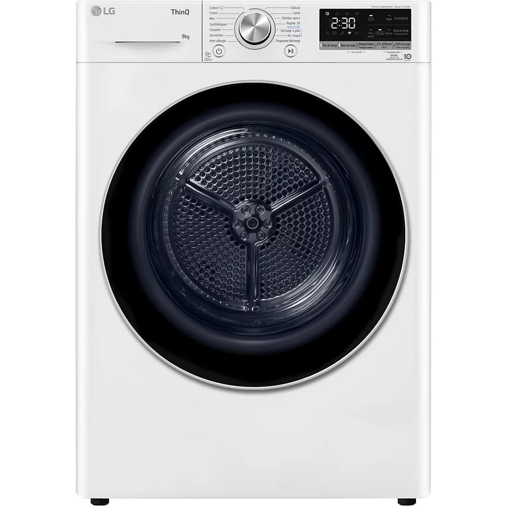 Sèche linge pompe à chaleur LG RH9V51WH   Label énergie A++ Capacité XL (9kg) - Tambour 110L Tambour acier aluminisé - silencieux (64 db) - autonettoy