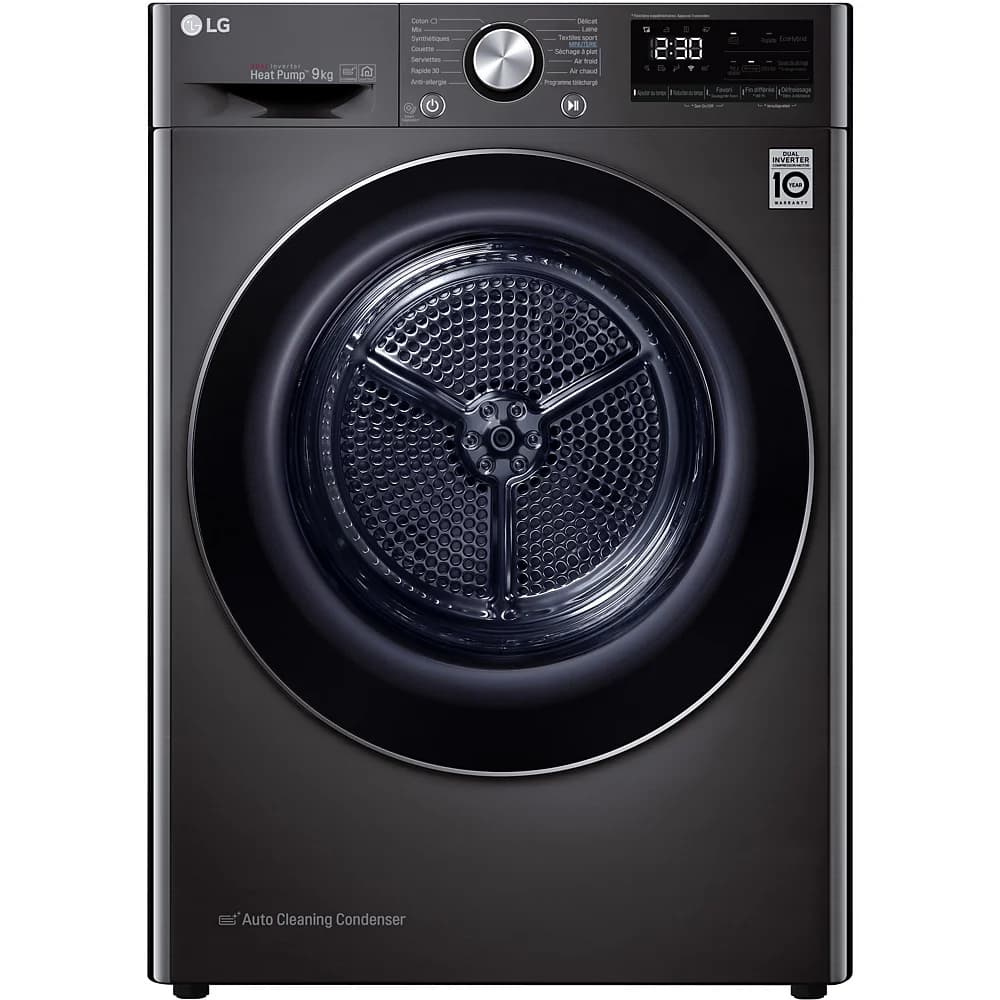 Sèche linge pompe à chaleur LG RH9V92BS   Label énergie A+++ Capacité XL (9kg) - Tambour 110L Tambour inox - ultra silencieux (62 db) - autonettoyage 