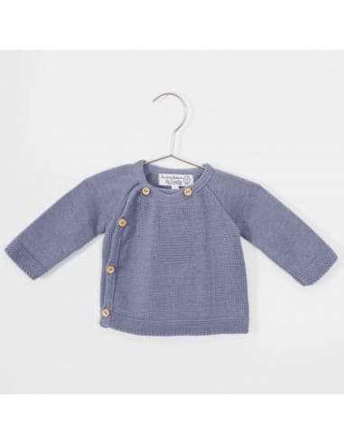 Gilet Brassière Chat 4 boutons en tricot Bleu Orage 100% coton biologique 3 mois Bleu