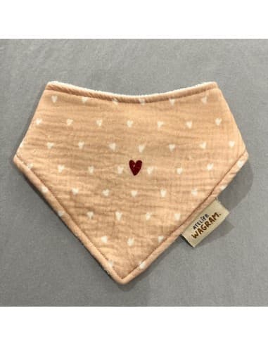 Bavoir Bandana Gaze Nude Cœurs blancs & Bambou Crème Nude