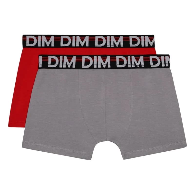 Dim - Lot de 2 Boxers Garçon Coton Stretch EcoDim Classic 16 ans Coquelicot/Gris