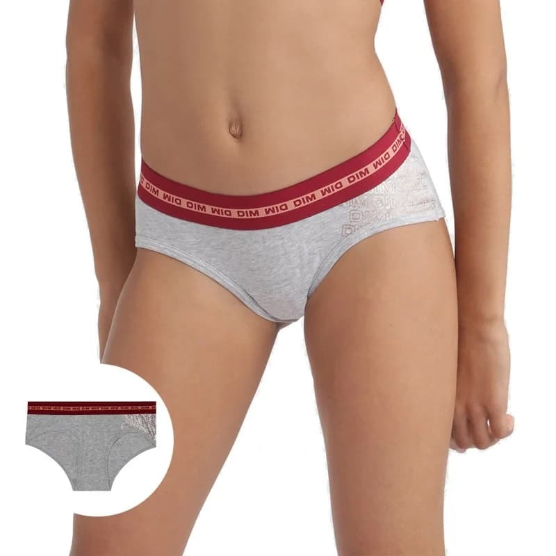 Dim - Shorty Fille Coton Stretch DIM Sport 12 ans Gris Chiné Bordeaux