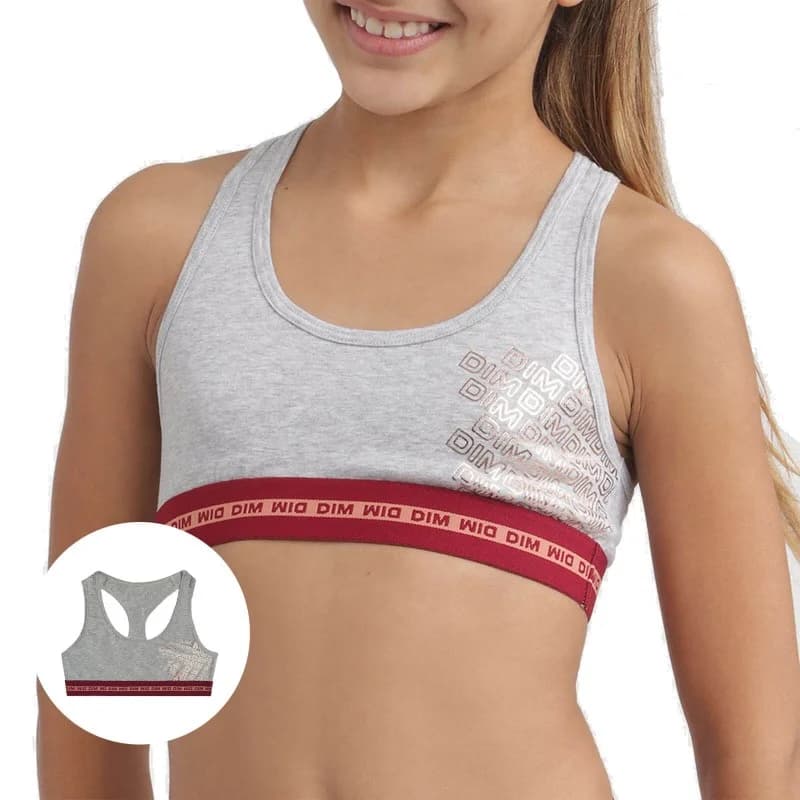Dim - Brassière Fille Coton Stretch DIM Sport 16 ans Gris Chiné Bordeaux