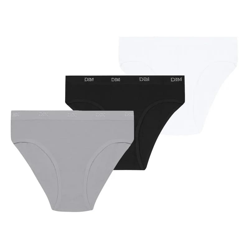 Dim - Lot de 3 Culottes Fille Coton Stretch "Les Pockets Ecodim" 10 ans Noir/ Gris/ Blanc