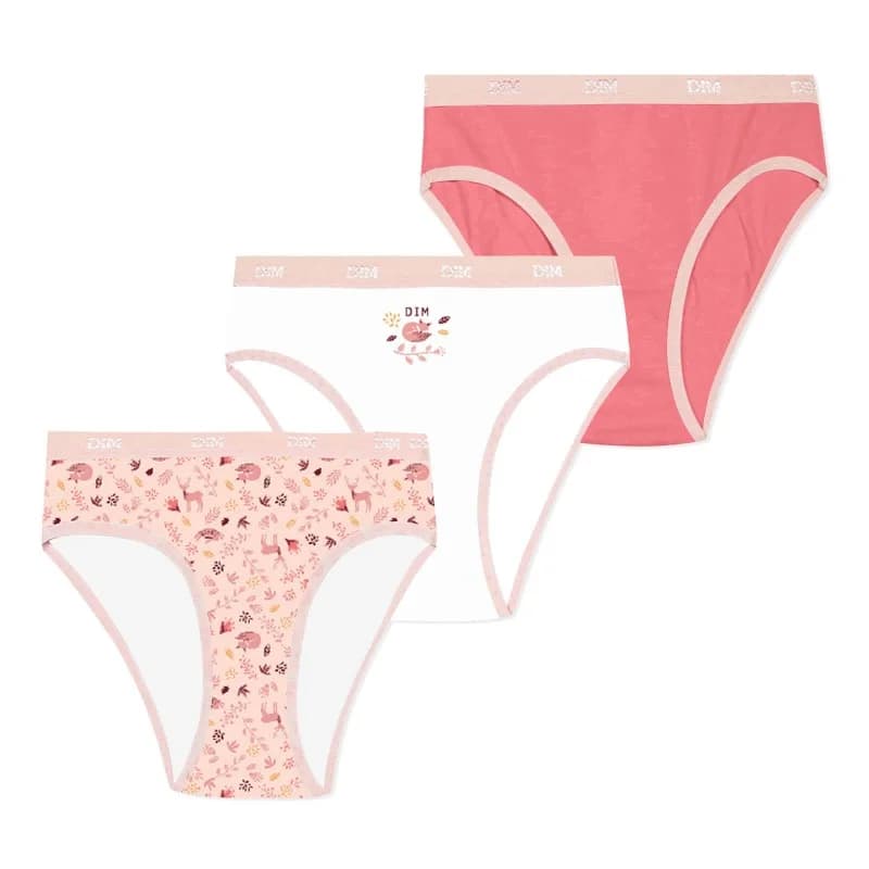 Dim - Lot de 3 Culottes Fille Fantaisie Coton Stretch "Les Pockets" 14 ans Forest/Blanc/Rose
