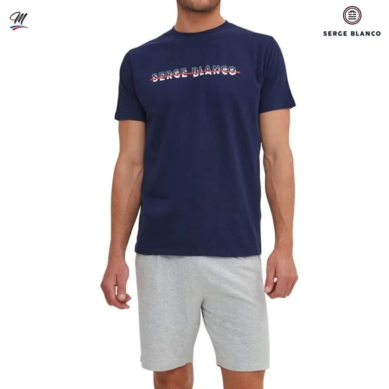 Serge Blanco - Pyjama Court en Coton "Navy Ng" XXXL Bleu Marine Blanc Gris