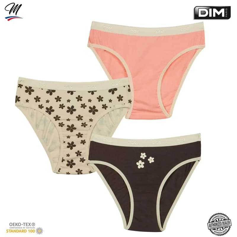 Dim - Lot de 3 Culottes Fille Fantaisie Coton Stretch "Les Pockets" 12 ans Flowers/Réglisse/Rose Pêche