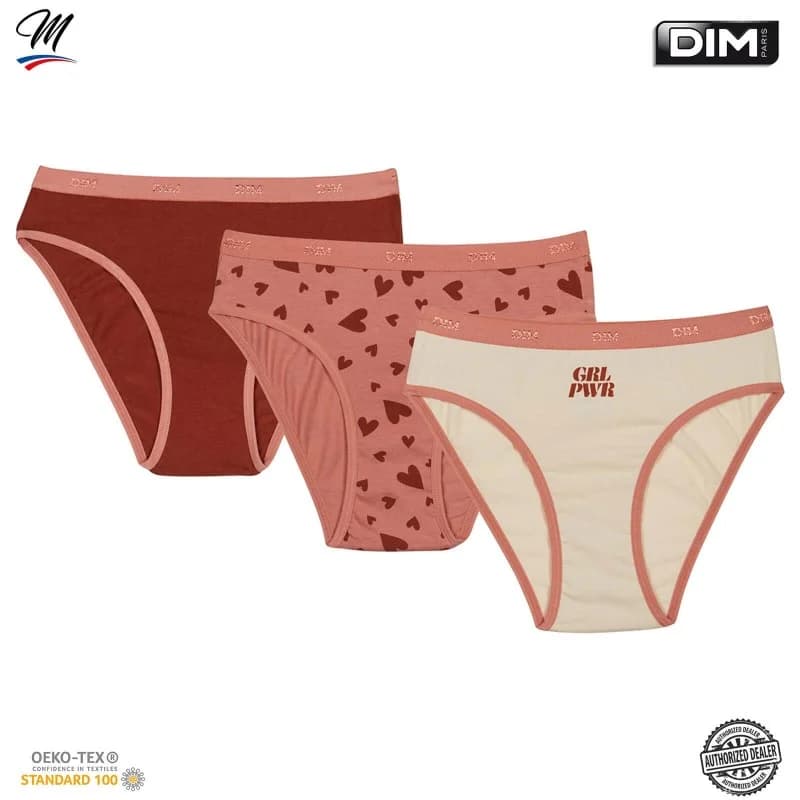 Dim - Lot de 3 Culottes Fille Fantaisie Coton Stretch "Les Pockets" 8 ans Hearts/Sable/Brick