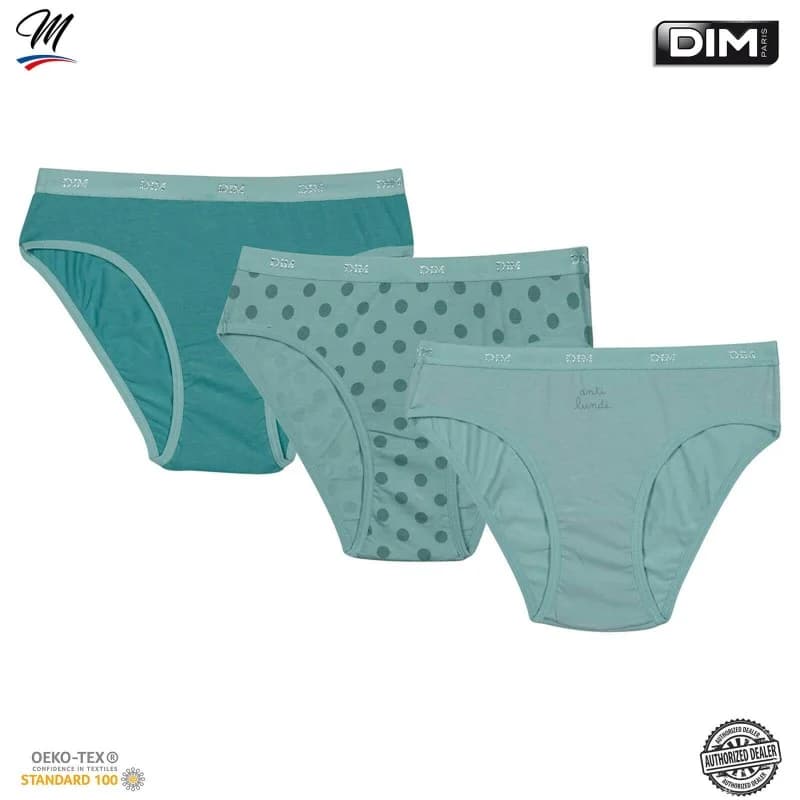 Dim - Lot de 3 Culottes Fille Fantaisie Coton Stretch "Les Pockets" 16 ans Pois/Vert/Vert d'eau