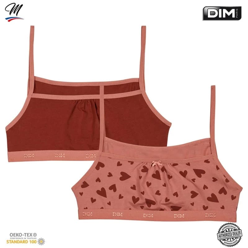 Dim - Lot de 2 Brassières Fille Coton Stretch "Les Pockets" 10 ans Hearts/Brick