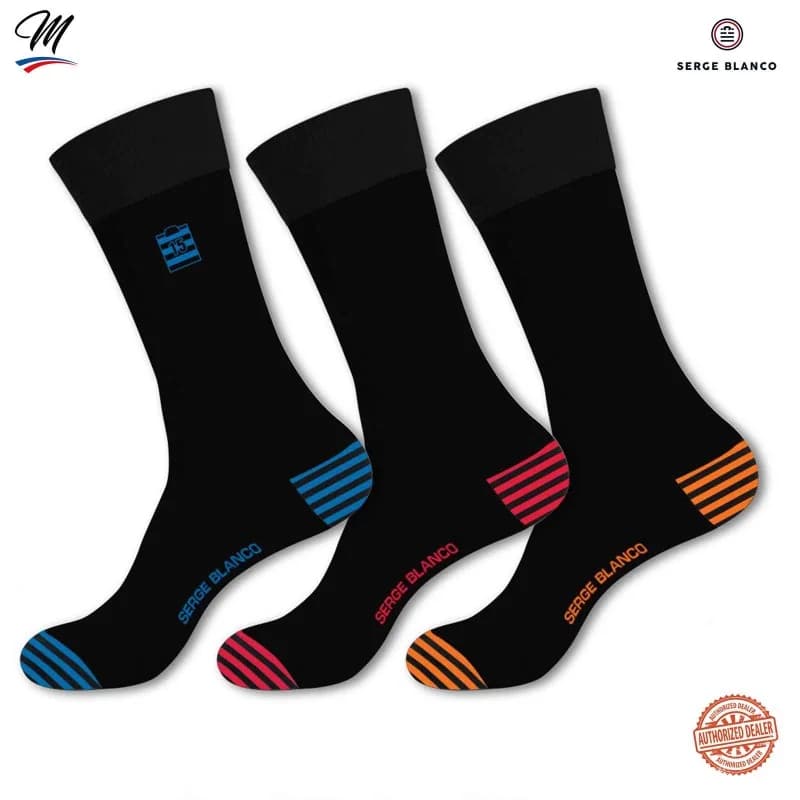 Serge Blanco - Lot de 3 paires de Chaussettes Homme en Coton "Rugby Rayures" 39-42 Noir / bleu rouge orange