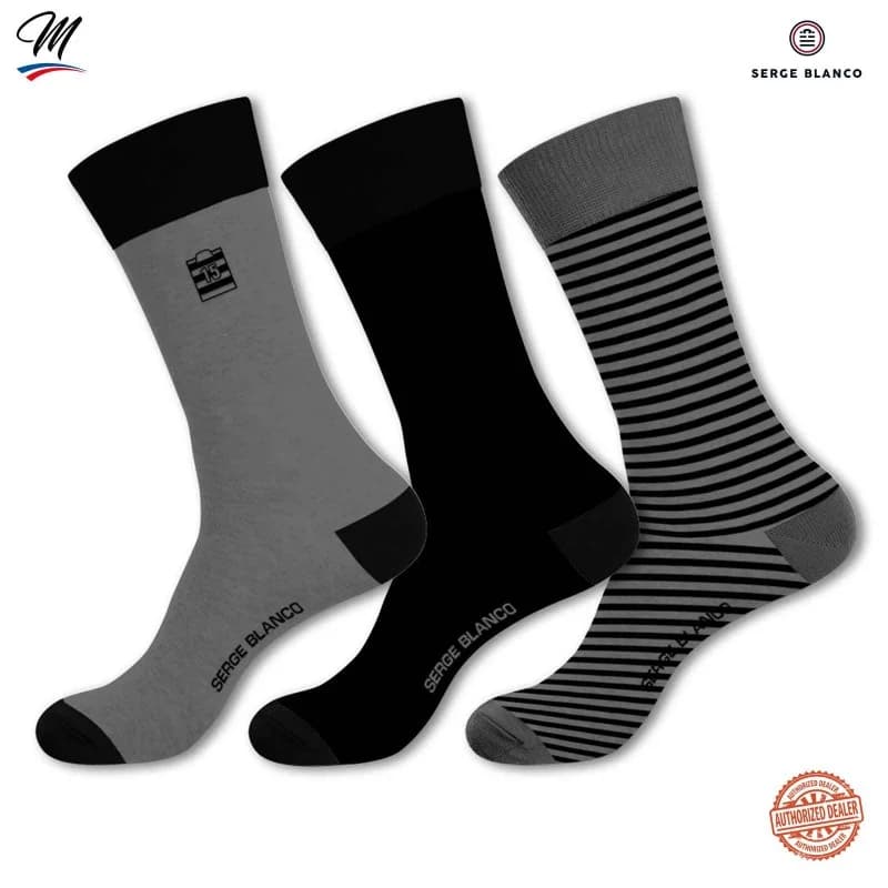 Serge Blanco - Lot de 3 paires de Chaussettes Homme en Coton "Rugby Rayures" 43-46 Gris / Gris Noir stripes