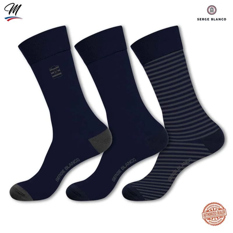 Serge Blanco - Lot de 3 paires de Chaussettes Homme en Coton "Rugby Rayures" 43-46 Marine / Marine Marine Gris