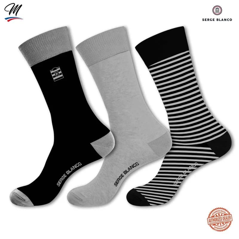 Serge Blanco - Lot de 3 paires de Chaussettes Homme en Coton "Rugby Rayures" 43-46 Gris / Noir gris stripes