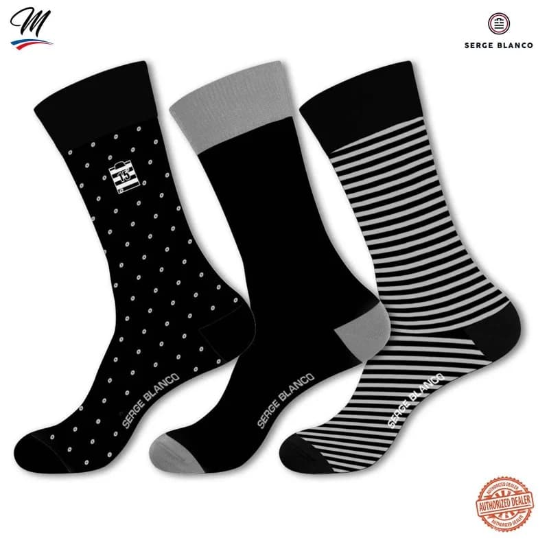 Serge Blanco - Lot de 3 paires de Chaussettes Homme en Coton "Rugby Rayures" 43-46 Noir / Noir gris stripes
