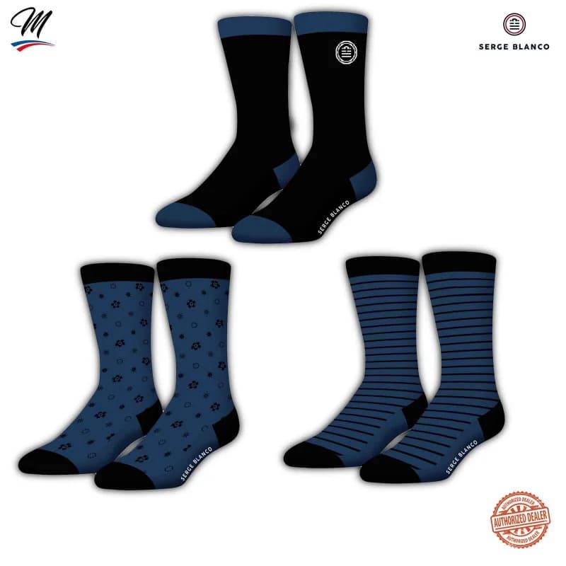 Serge Blanco - Lot de 3 paires de Chaussettes Homme en Coton "Rugby 15" 43-46 Marine / Marine Noir Stripe