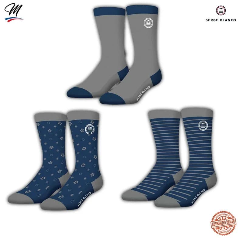 Serge Blanco - Lot de 3 paires de Chaussettes Homme en Coton "Rugby 15" 39-42 Bleu / Bleu Gris Stripe