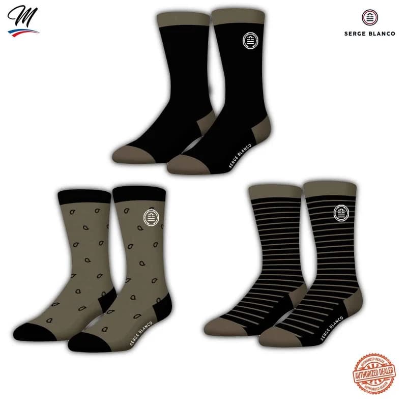 Serge Blanco - Lot de 3 paires de Chaussettes Homme en Coton "Rugby 15" 43-46 Kaki / Kaki Noir Stripe