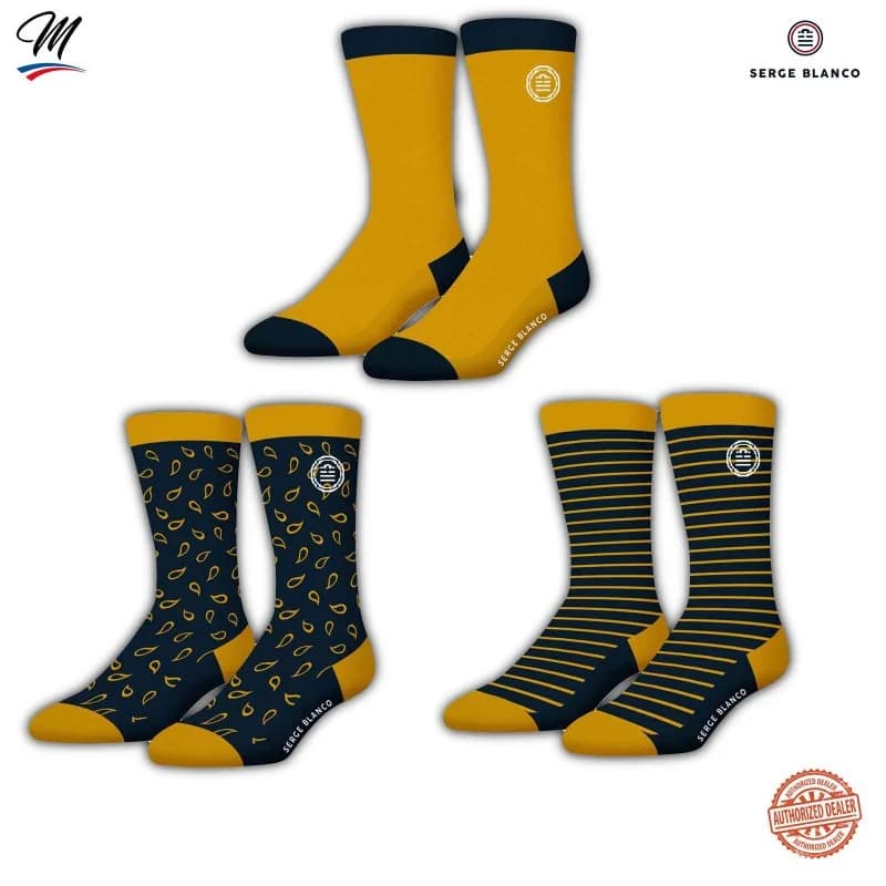 Serge Blanco - Lot de 3 paires de Chaussettes Homme en Coton "Rugby 15" 39-42 Marine / Marine Moutarde Stripe