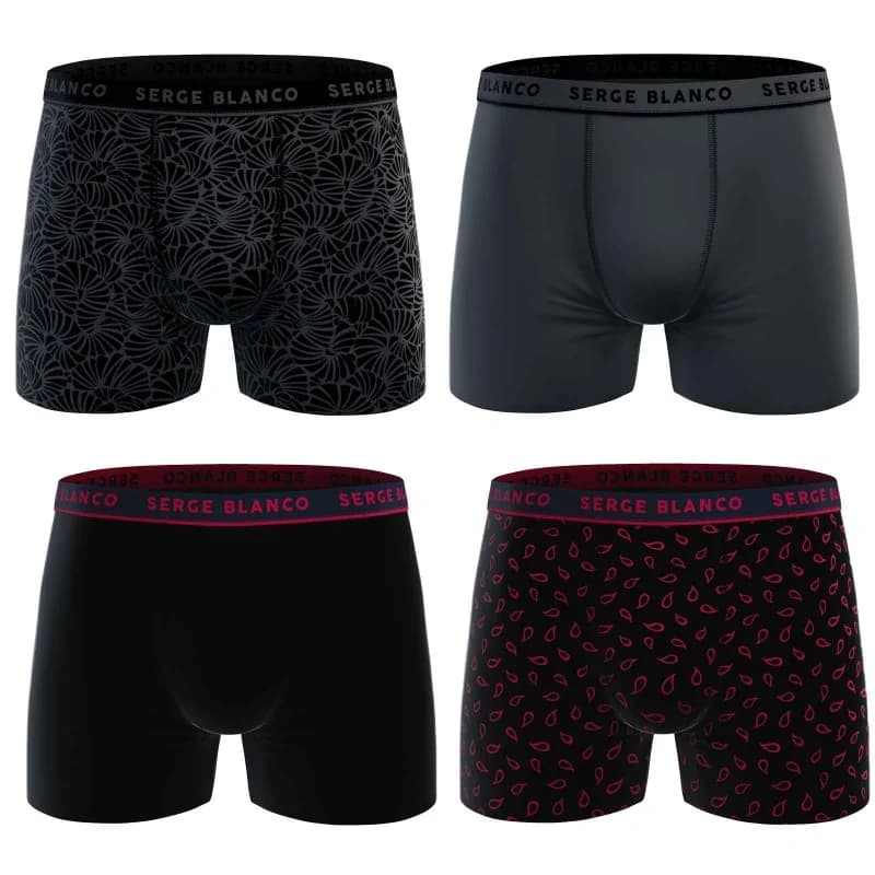 Serge Blanco - Lot de 4 Boxers Homme en Coton "Casual" XXL Noir et Rouge