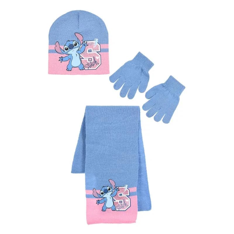French Market - Ensemble Fille Echarpe Bonnet Gants "Stitch" Bleu 54 cm