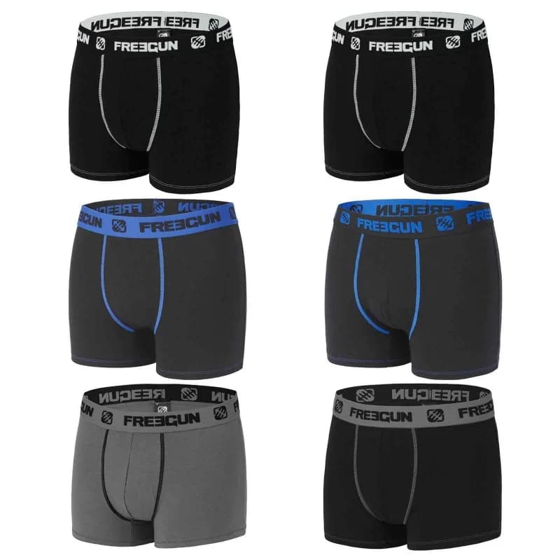 Freegun - Lot de 6 Boxers Garçon Coton 6-8 ans Noir Gris Bleu