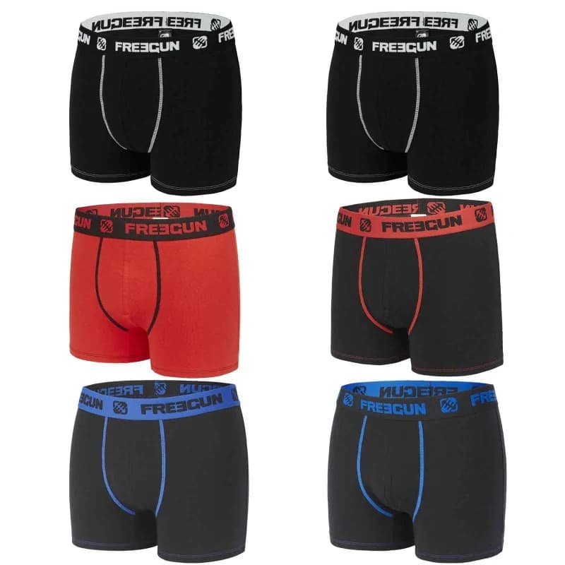 Freegun - Lot de 6 Boxers Garçon Coton 14-16 ans Noir Bleu Rouge