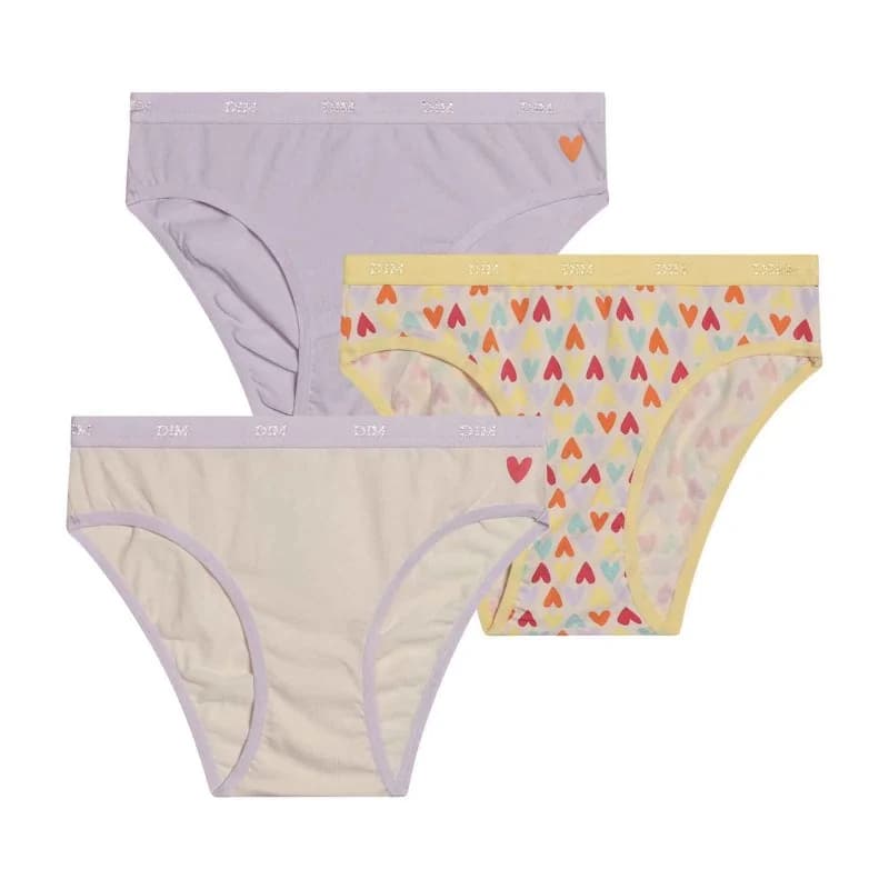 Dim - Lot de 3 Culottes Fille Fantaisie Coton Stretch "Les Pockets" 12 ans Joli Coeur Lilas
