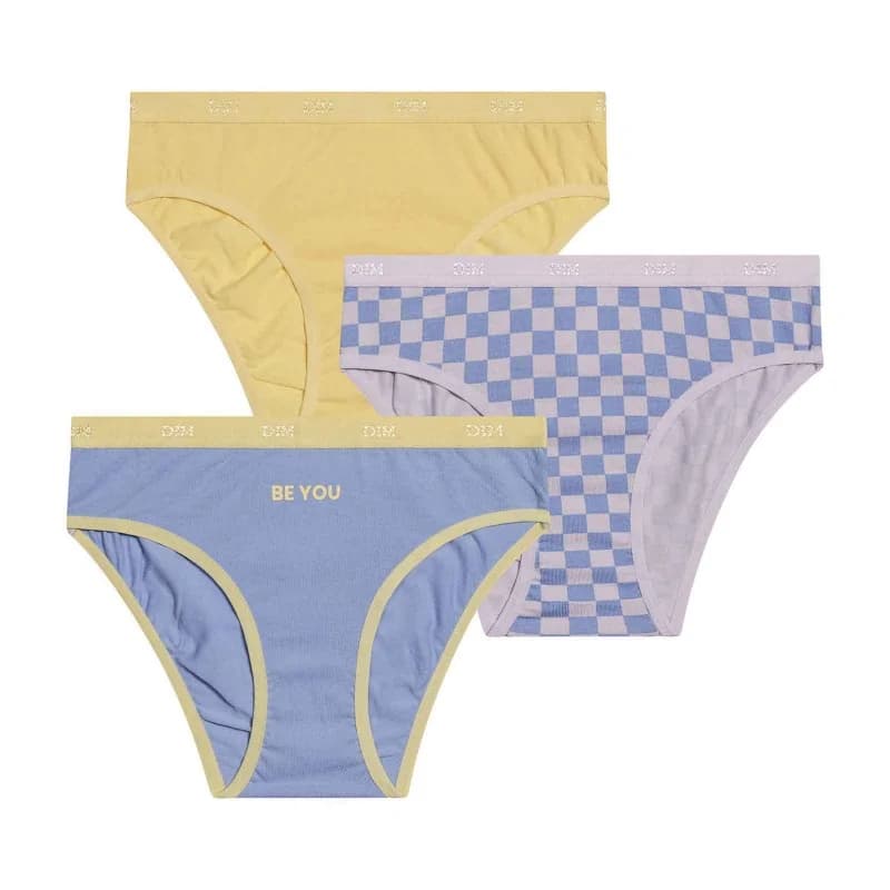 Dim - Lot de 3 Culottes Fille Fantaisie Coton Stretch "Les Pockets" 12 ans Damier Jaune