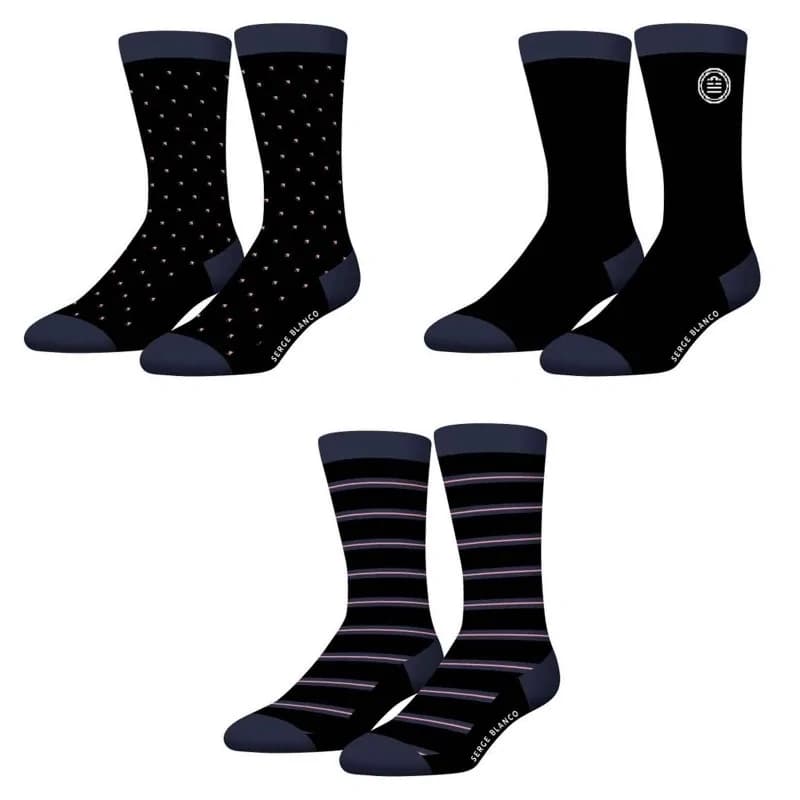 Serge Blanco - Lot de 3 paires de Chaussettes Homme en Coton "Rugby Square" Bleu Marine 43-46
