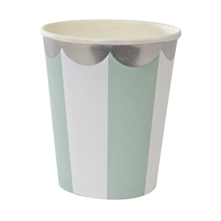 Meri Meri - Gobelets rayures aqua/argent - lot de 8 - 260 ml