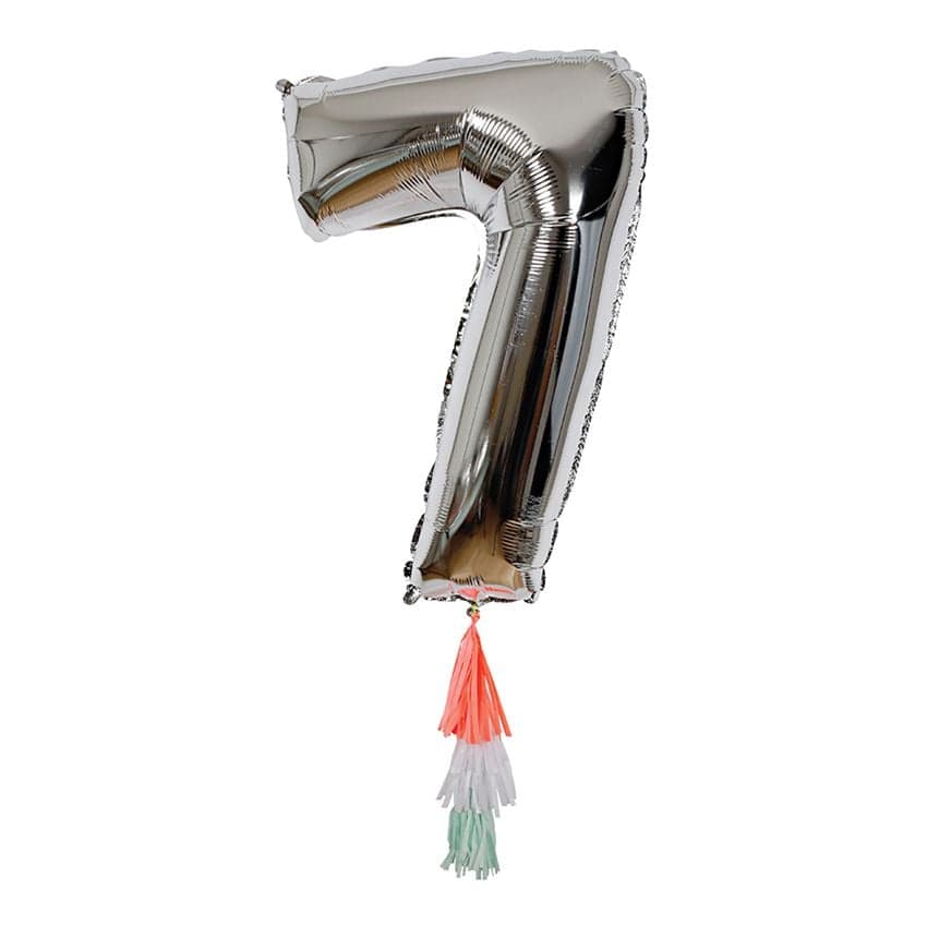 Meri Meri - Ballon chiffre 7 Argent et Pompons