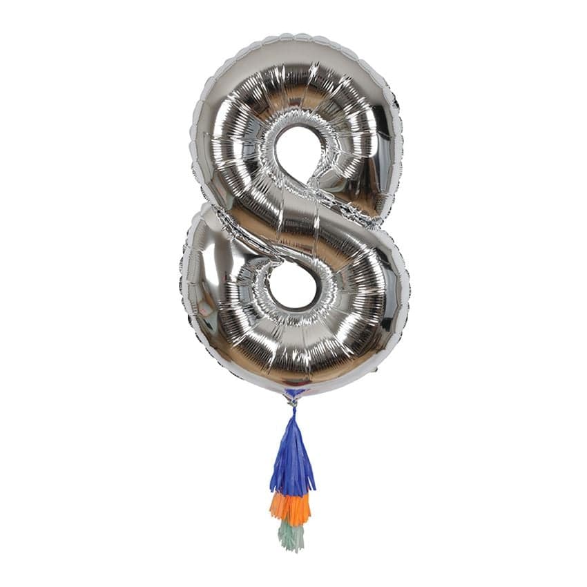 Meri Meri - Ballon chiffre 8 Argent et Pompons