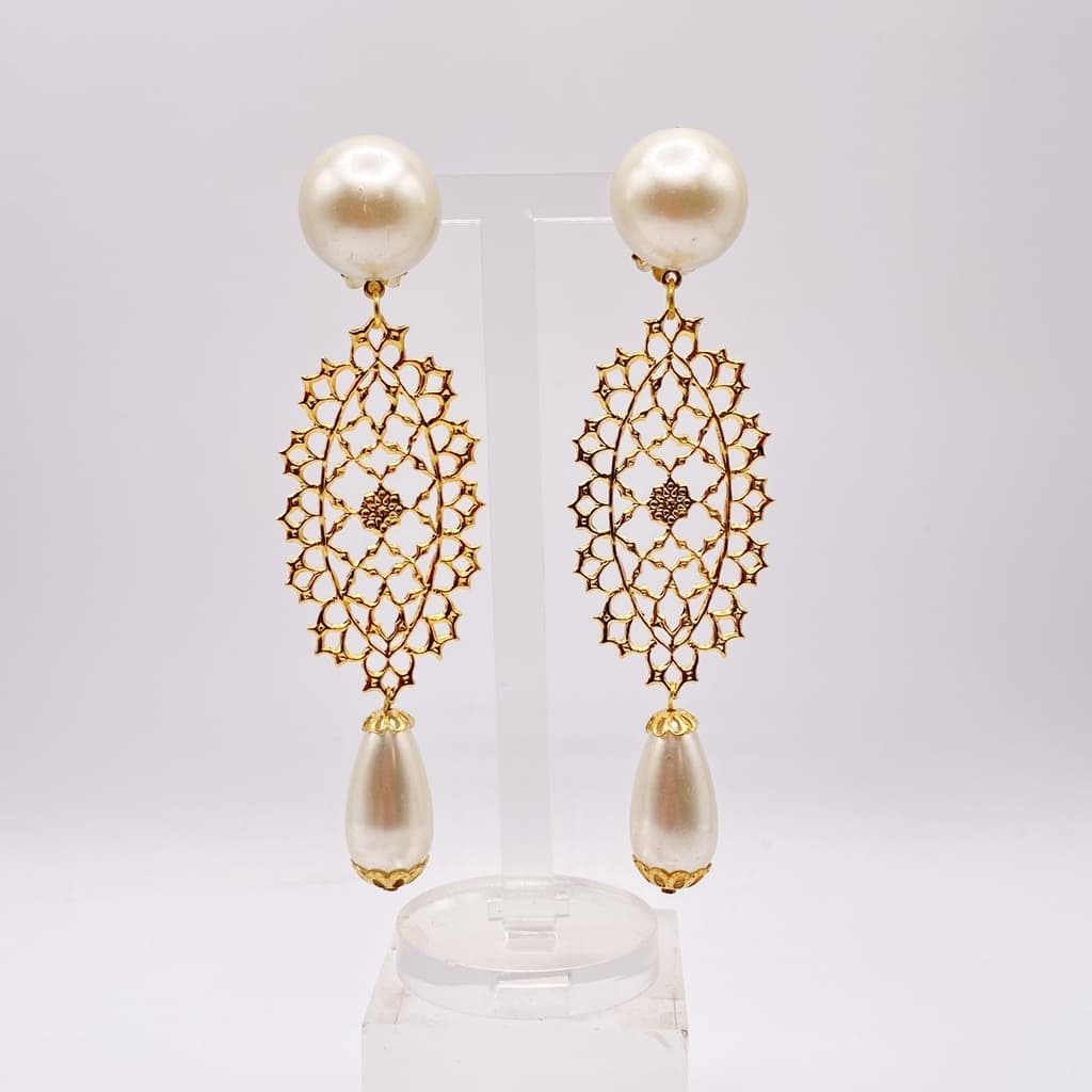 Longs clips boucles d'oreilles en filigrane et perle goutte - 9,6 cm
