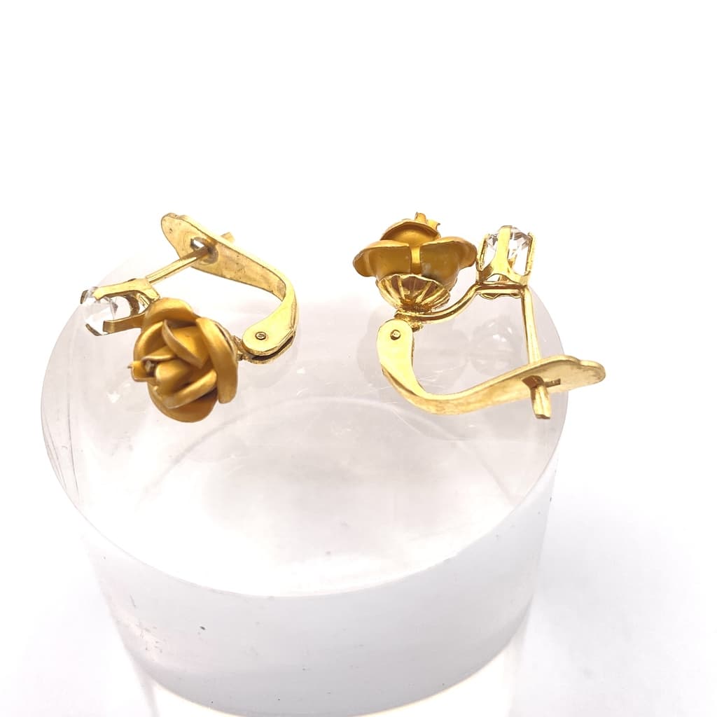 Boucles d'oreilles dormeuse fleur rose et strass - Doré