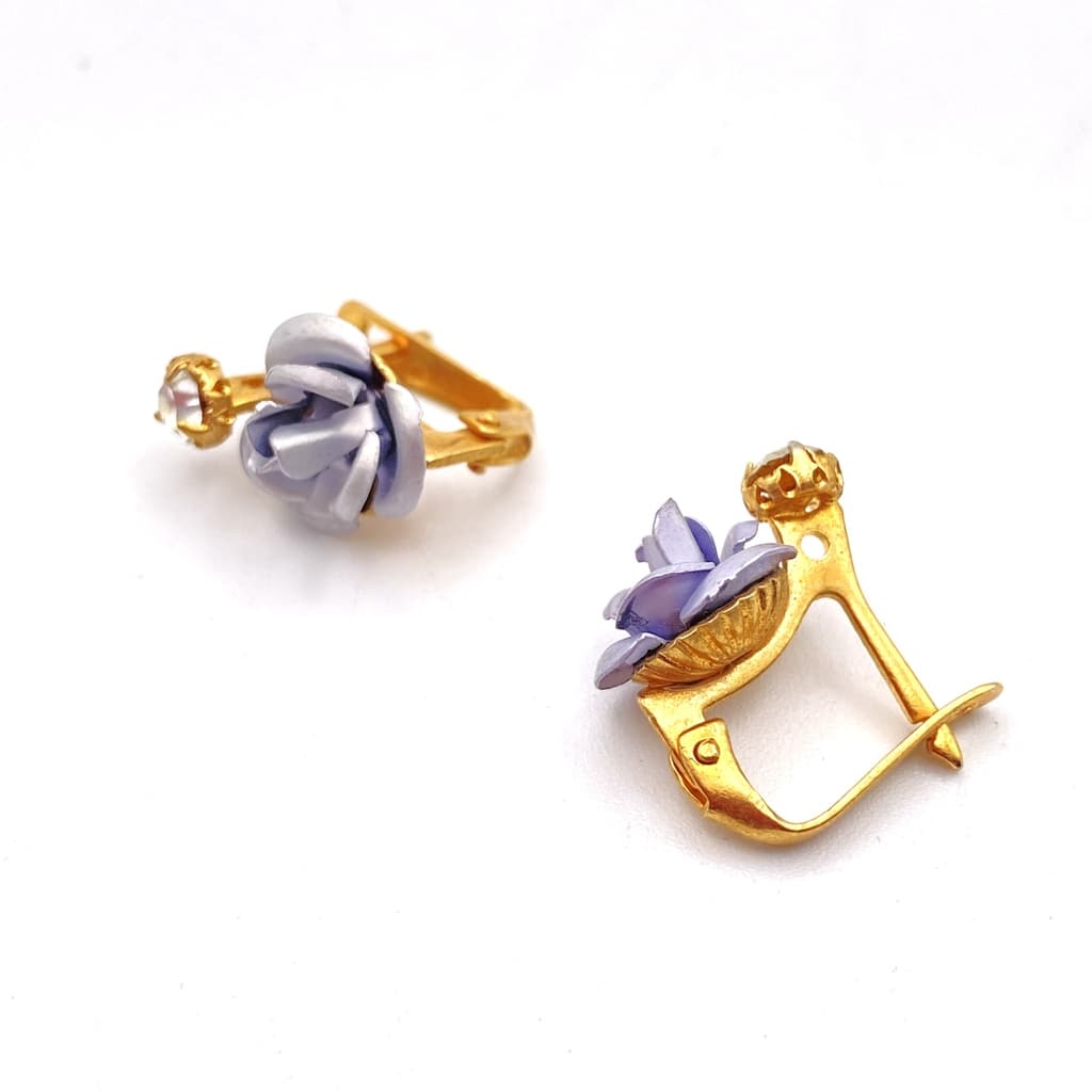 Boucles d'oreilles dormeuse fleur rose et strass - Violet
