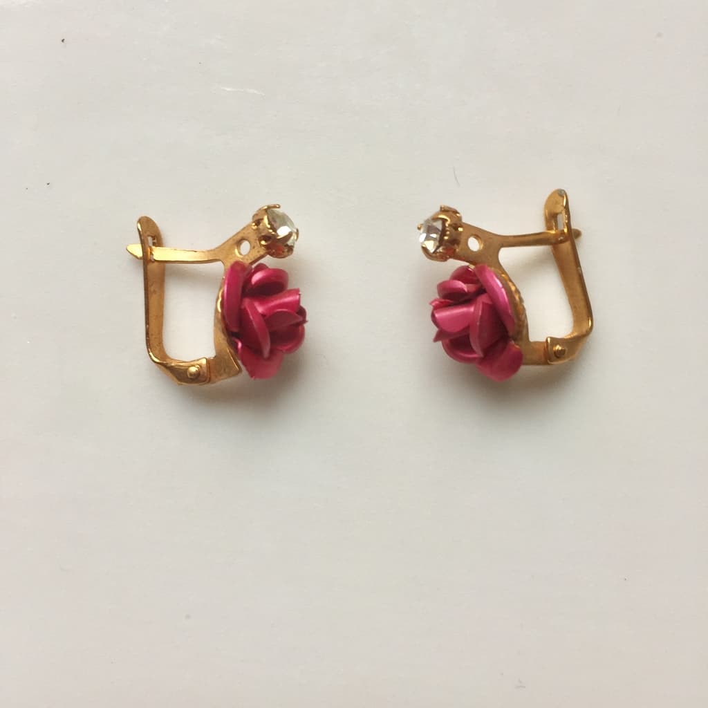 Boucles d'oreilles dormeuse fleur rose et strass - Rose
