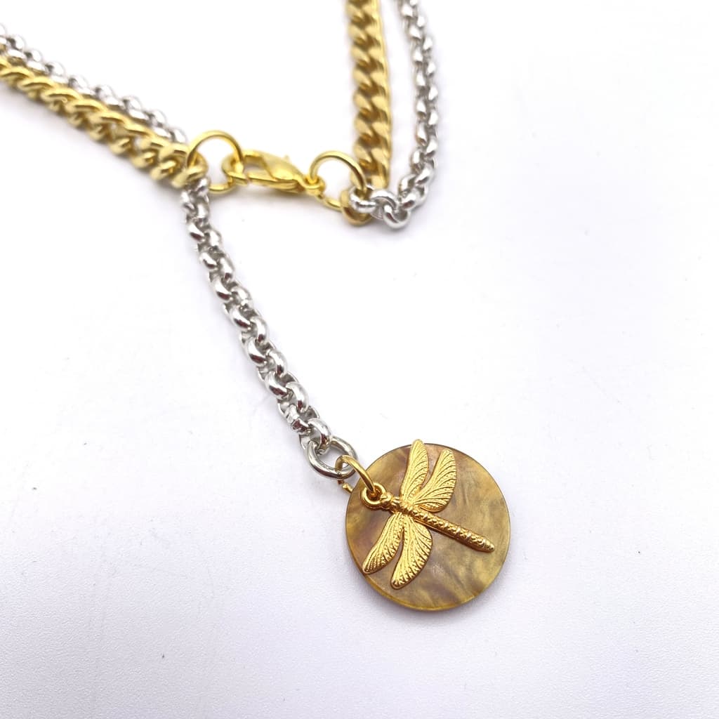Collier libellule bleu et chaines dorées et argentées - Marron