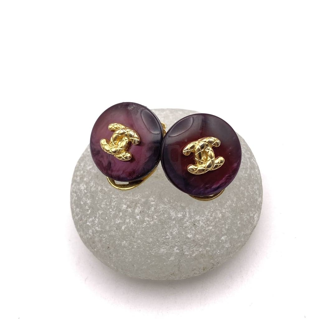 Clips boutons CC upcyclés violet et dorés - 1,8 cm
