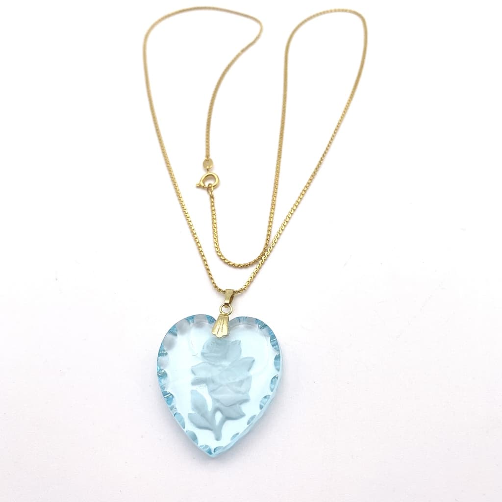 Pendentif coeur en cristal poli gravé d'une rose - Bleu