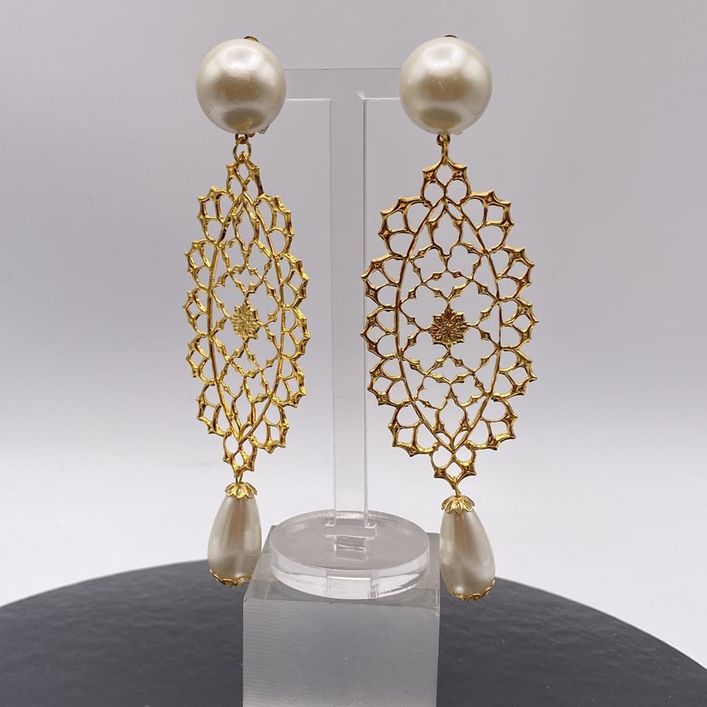 Longs clips boucles d'oreilles en filigrane et perle goutte - 11,6 cm