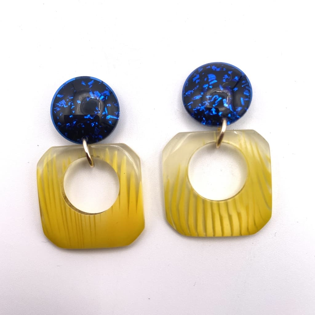 Boucles d'oreilles clips jaune et bleu paillette