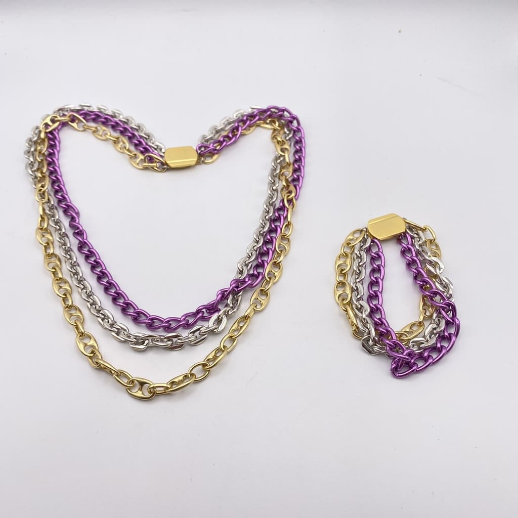 Parure de collier et bracelet avec 3 rangs de chaines