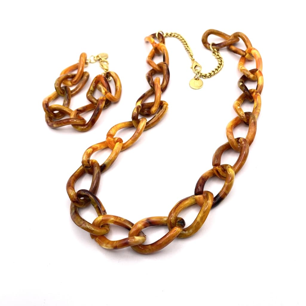 Parure collier et bracelet avec anneaux ambrés - Orange