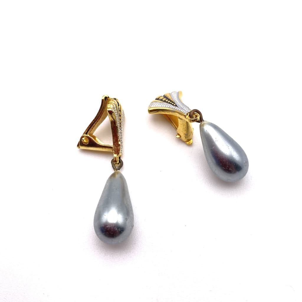 Boucles d'oreille clips et goutte grise nacrée