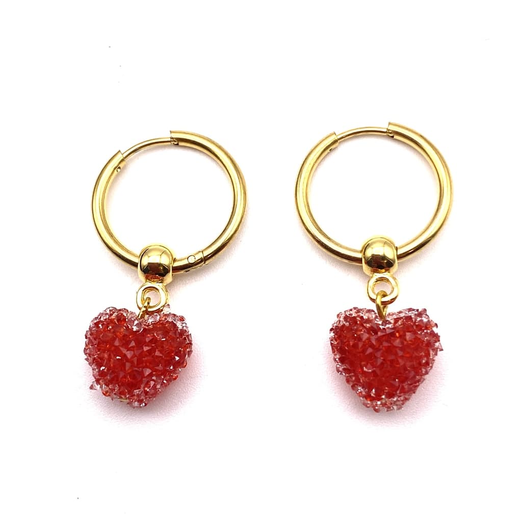 Créoles avec pendant coeur rouge fraise