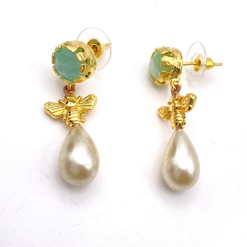 Boucles d'oreilles avec pendant perle goutte et abeille - Vert