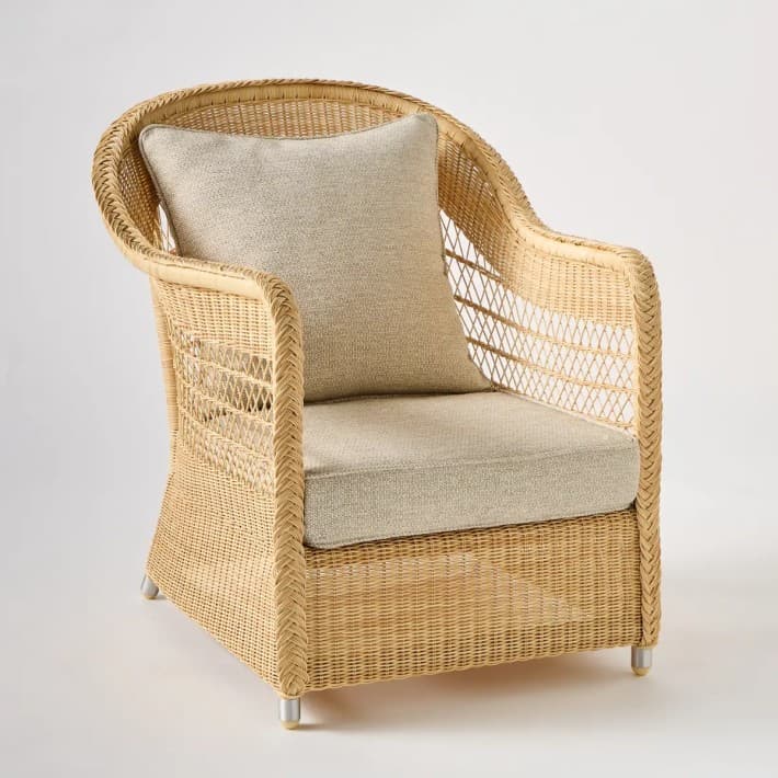 fauteuil en rotin synthétique naturel BIARRITZ - tissus au choix - T597 chenille gris
